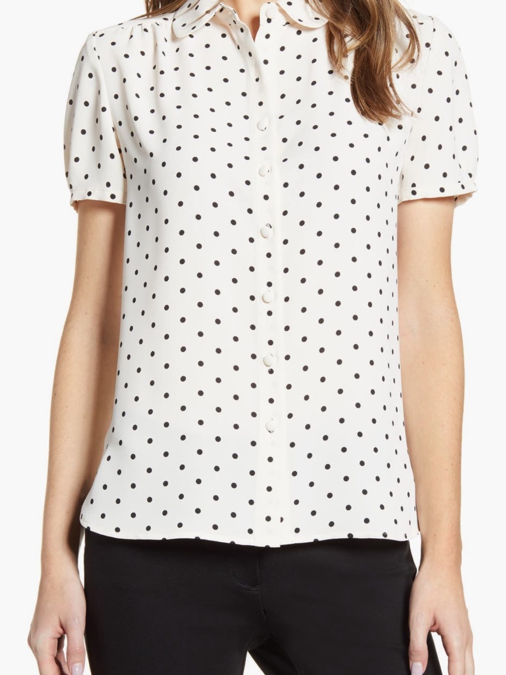 Polka Dot Short-Sleeve Button-Down Blouse - Cream with Black Dots